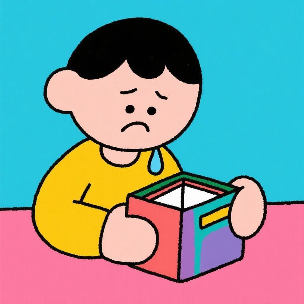 A literal, humorous depiction of 'estar sin blanca', showing a person looking sadly at a world where the color white is missing.