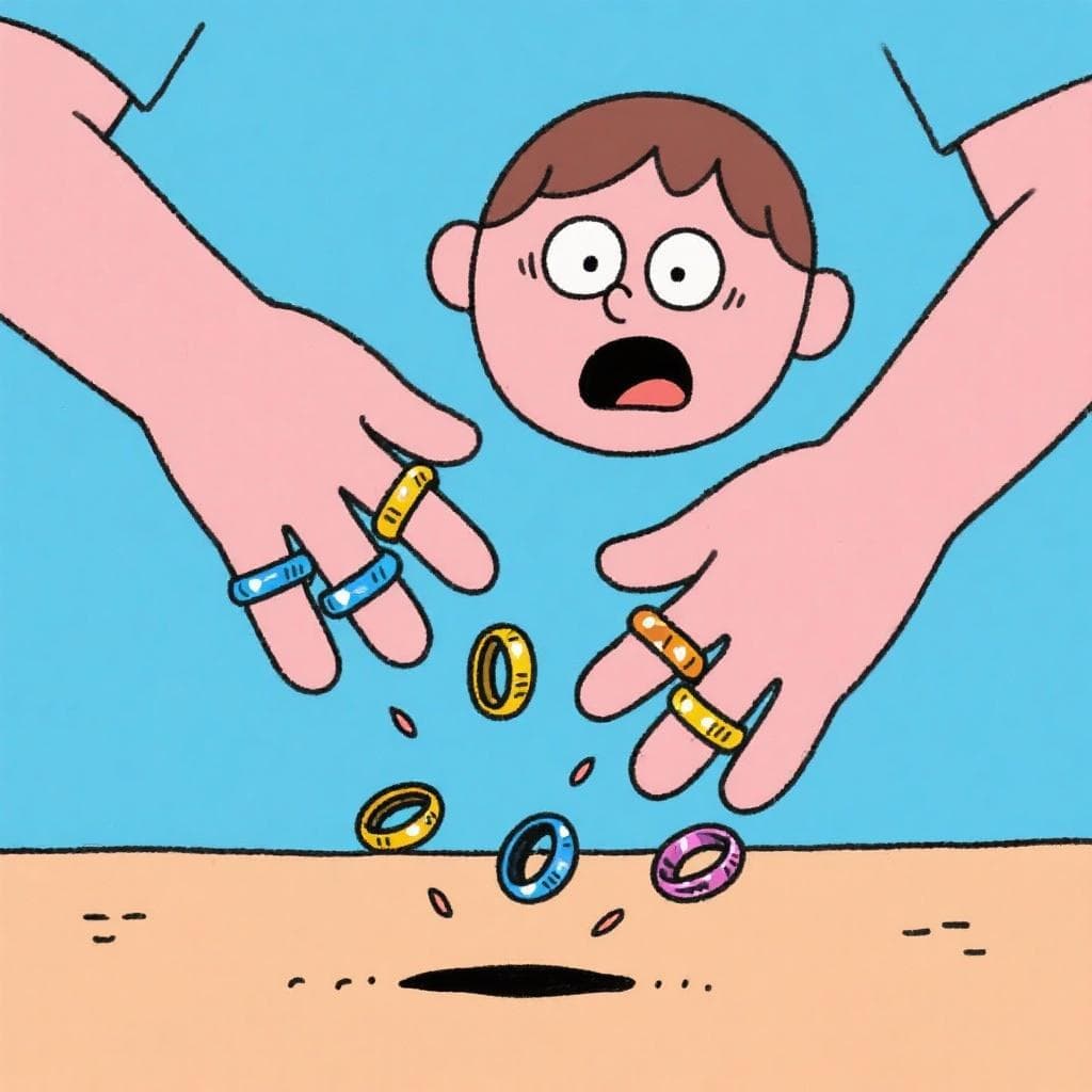 A literal depiction of rings dramatically falling off someone's fingers onto the floor.