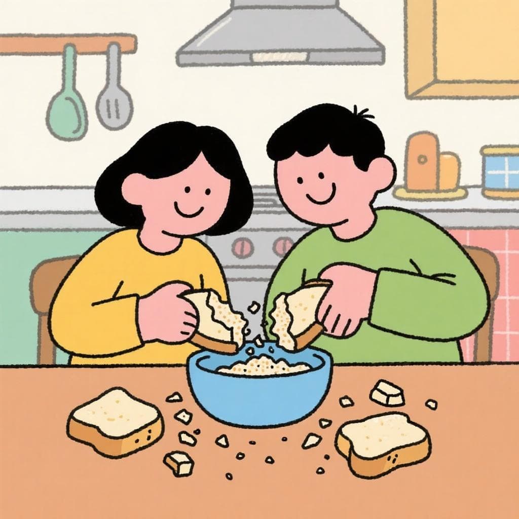 A literal, humorous depiction of 'hacer buenas migas', showing two people happily making breadcrumbs together in a bowl.