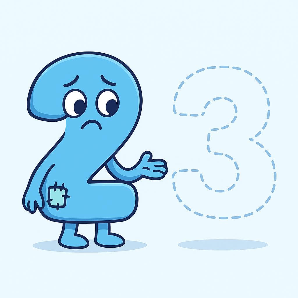 A literal depiction of the phrase 'no hay dos sin tres', showing a cartoon number 2 looking sad because the number 3 is missing.