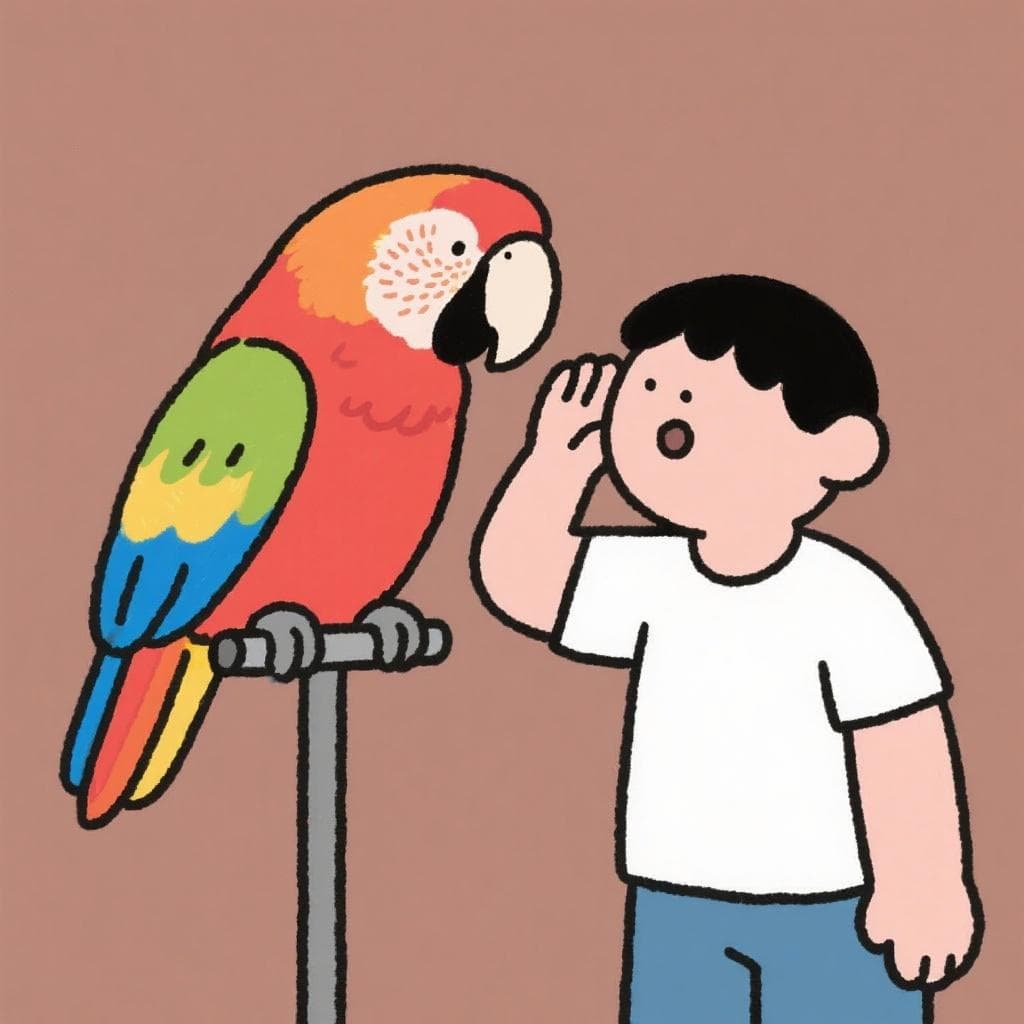 A literal, humorous depiction of 'estar al loro', showing a person standing right next to a large parrot, listening to it.