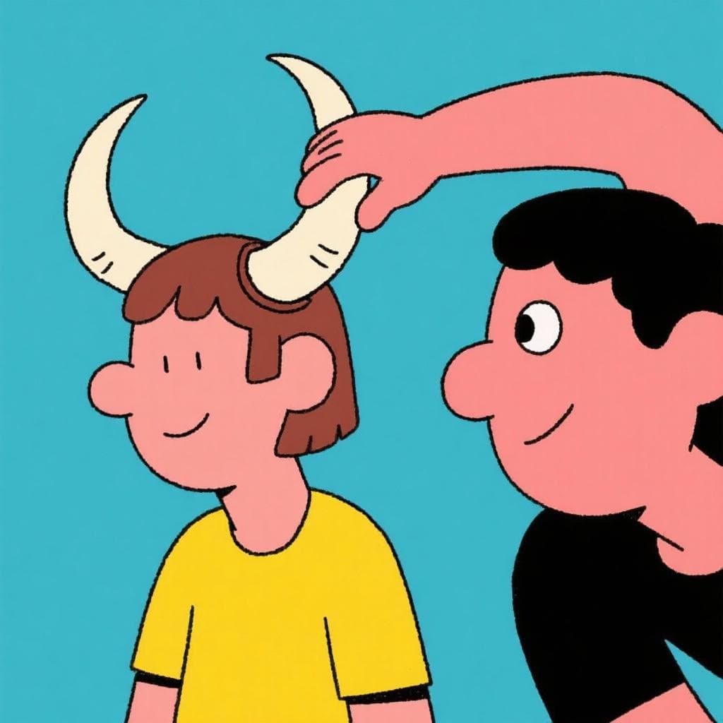 A literal, humorous depiction of 'poner los cuernos', showing a person placing large animal horns on their partner's head.