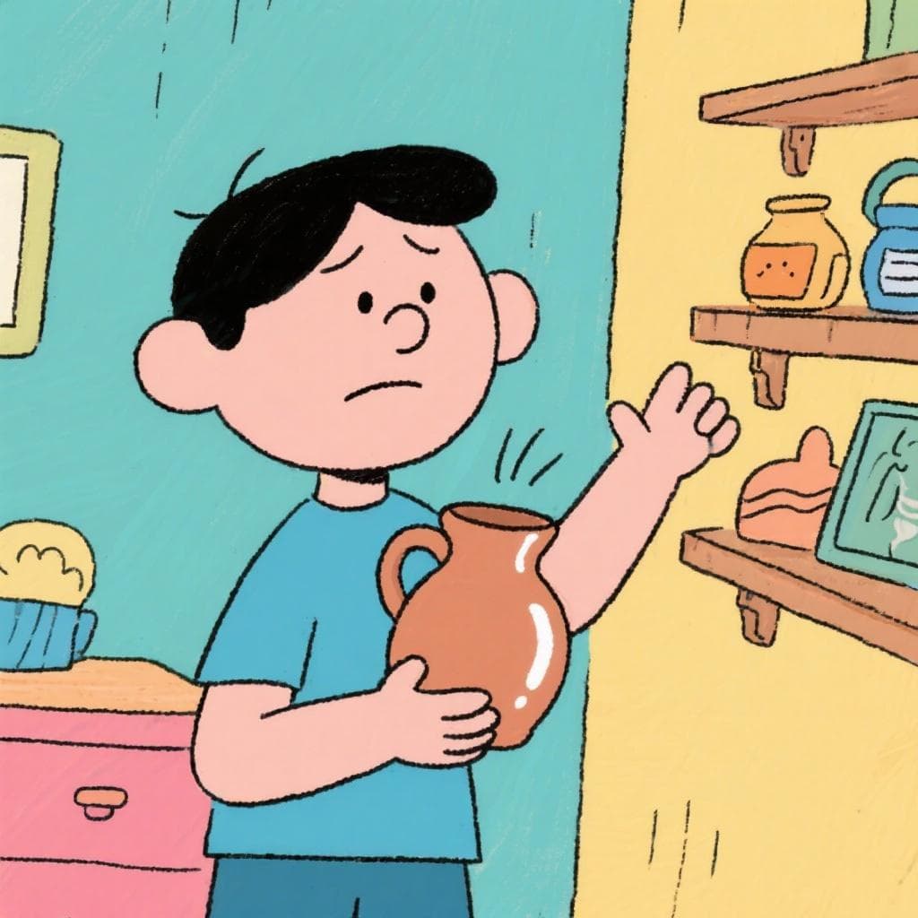 A person holding a small, brand-new clay jug and looking around a room, trying to find the perfect, safest spot for it.