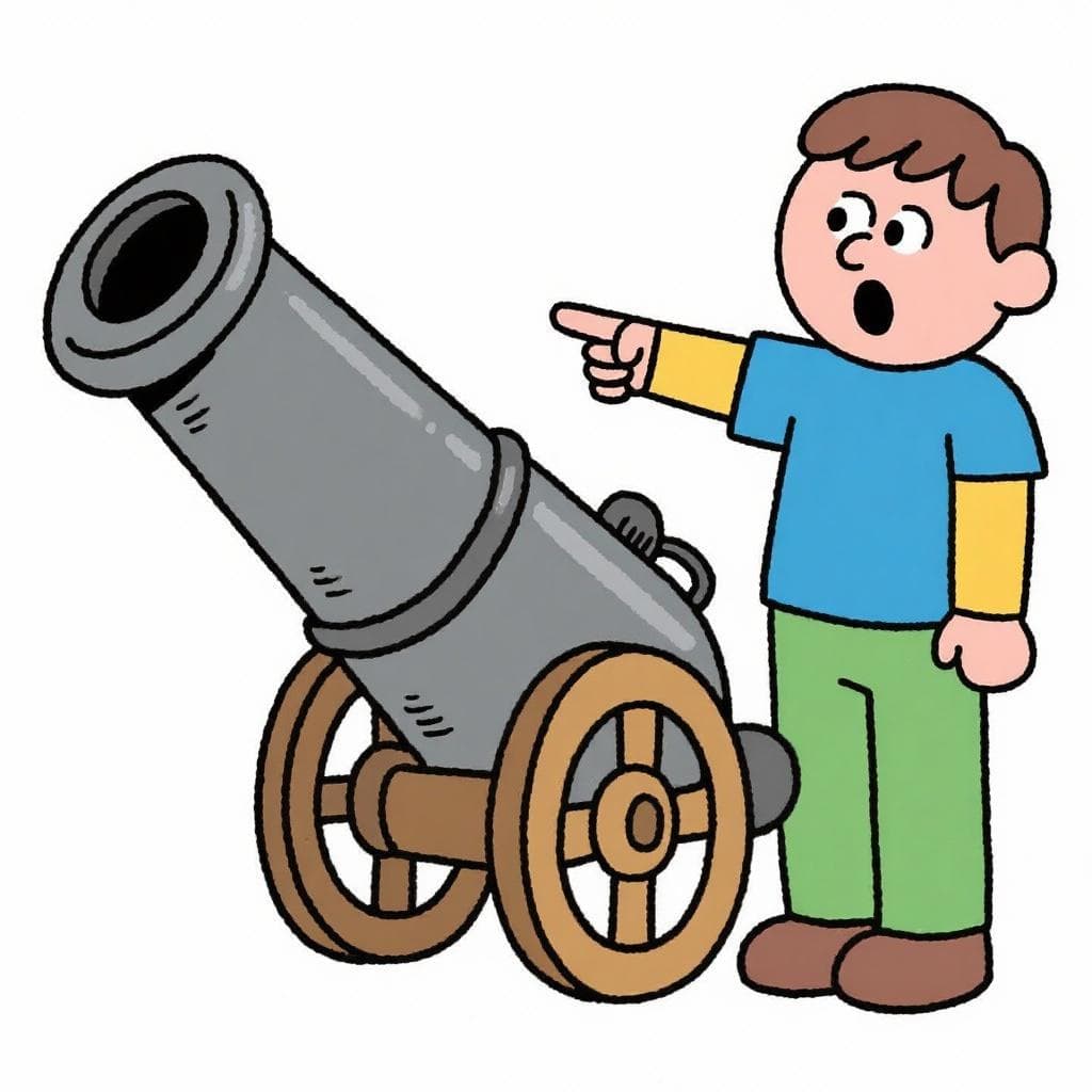 A literal depiction of 'está cañón', showing a person pointing at a large, old-fashioned cannon.