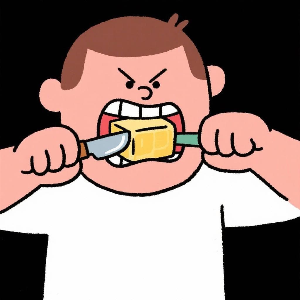 A literal, humorous depiction of 'con el cuchillo entre los dientes', showing a person with a knife held in their mouth.