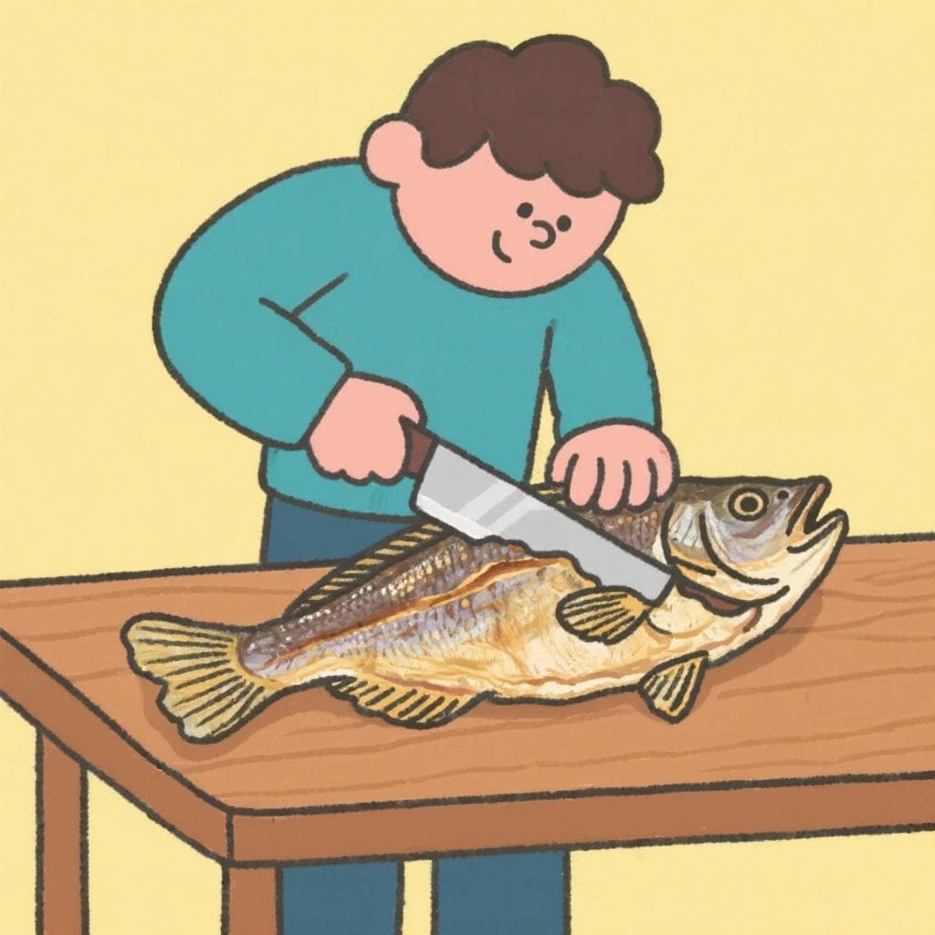 A literal, humorous depiction of 'cortar el bacalao', showing a person seriously slicing a large, dried codfish.