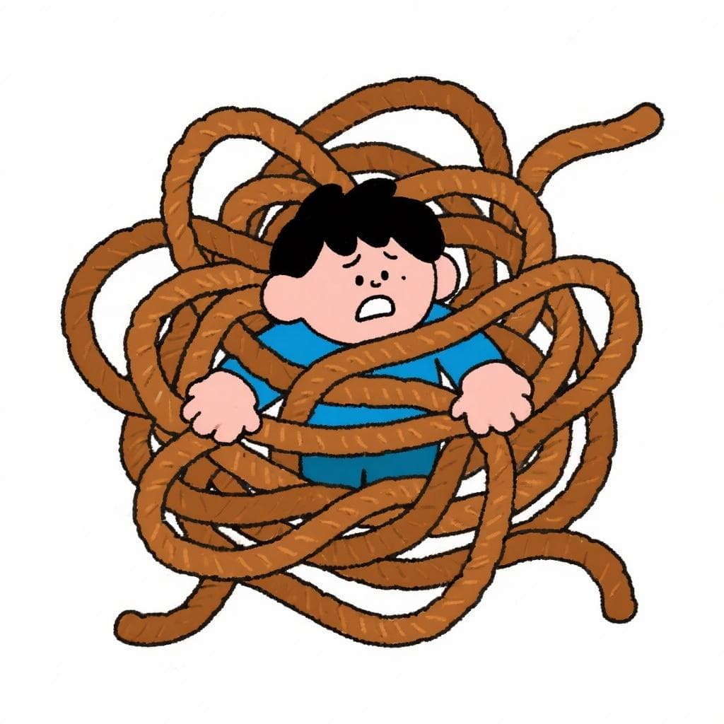 A literal, humorous depiction of 'liarla parda', showing a person comically tangled up in a huge, messy brown rope.
