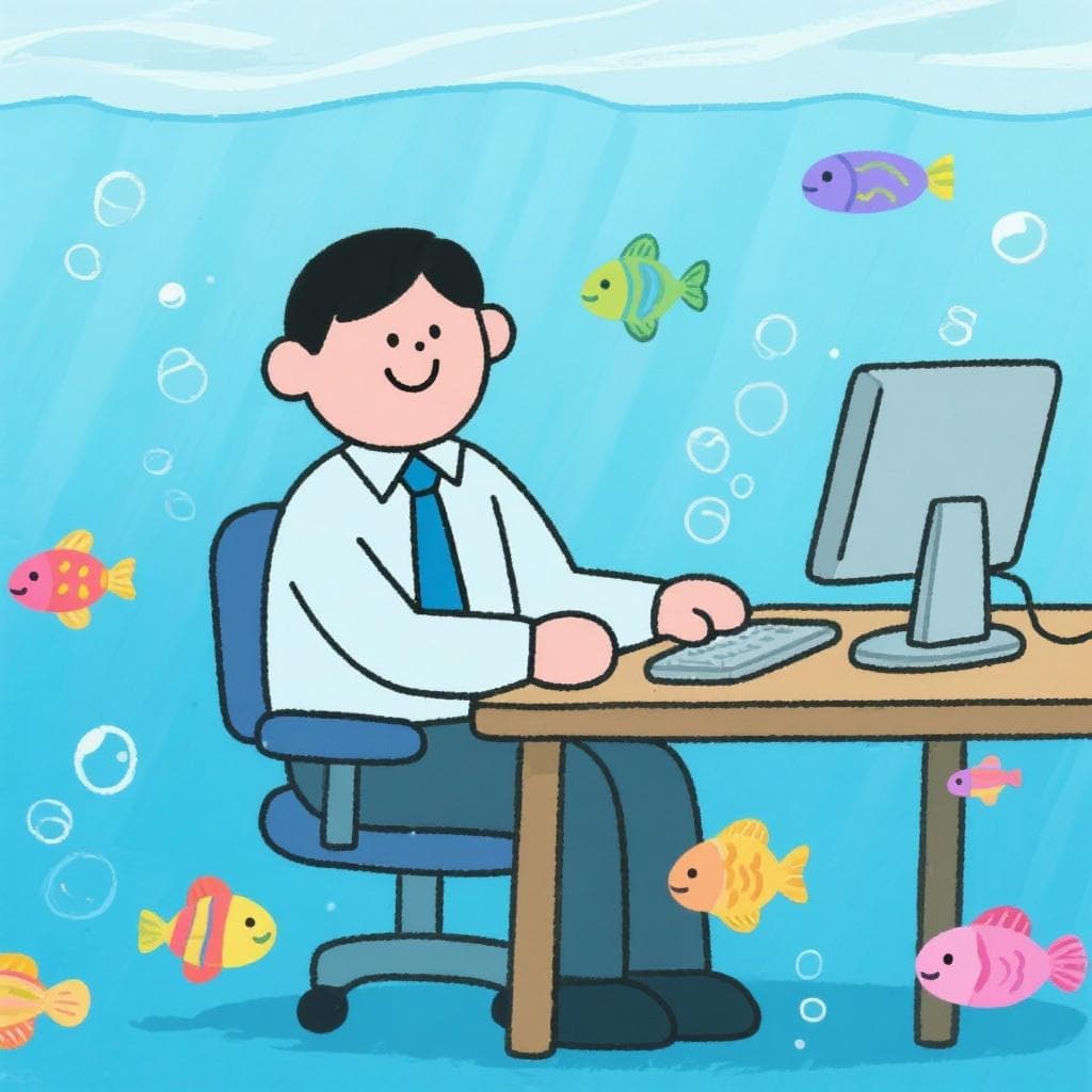 A literal, humorous depiction of the idiom, showing a person in business clothes working at a desk underwater, looking perfectly happy.