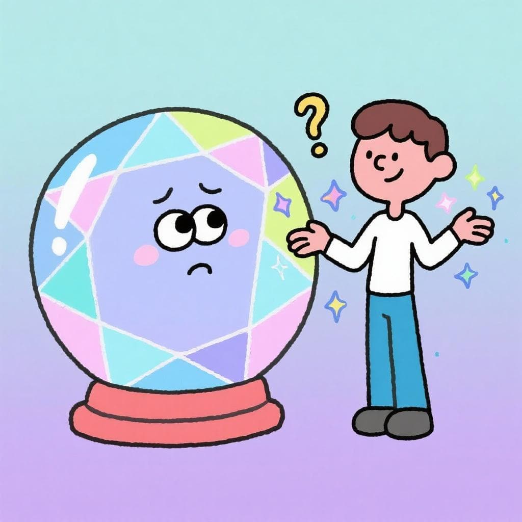 A literal, humorous depiction of 'Sepa la bola', showing a person asking a question to a sentient crystal ball that looks confused.