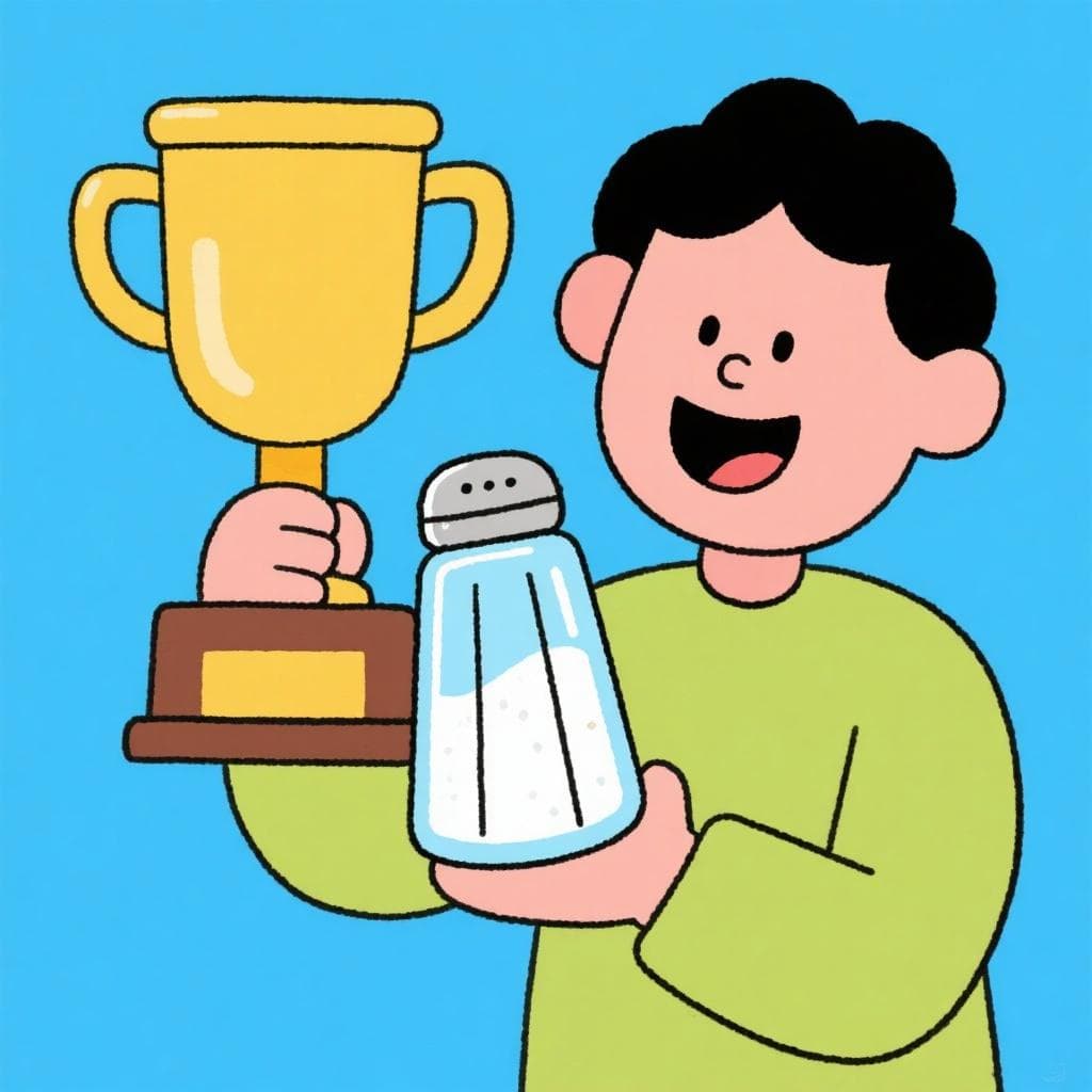 A literal, humorous depiction of 'tener salero', showing a person proudly holding up a salt shaker.