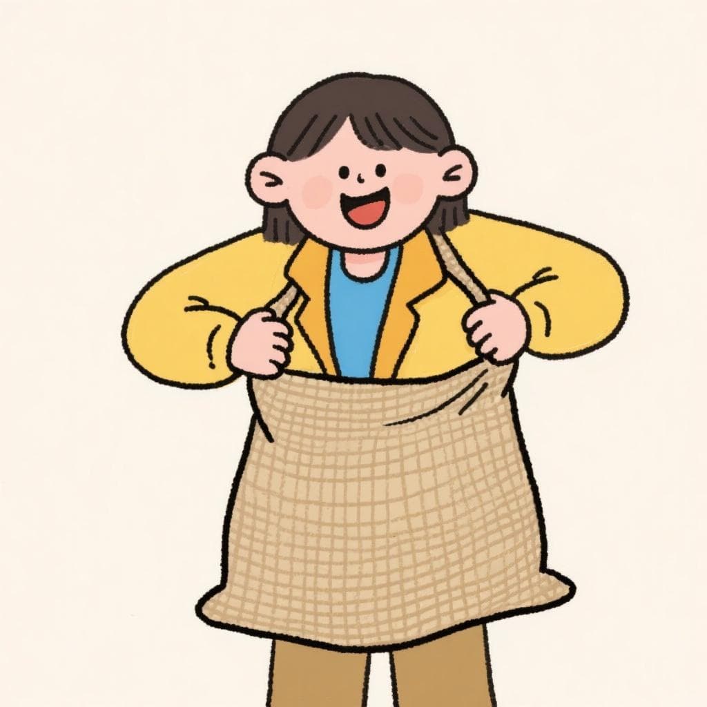 A literal depiction of the idiom, showing a person trying on a large burlap sack that fits them perfectly like a piece of clothing.