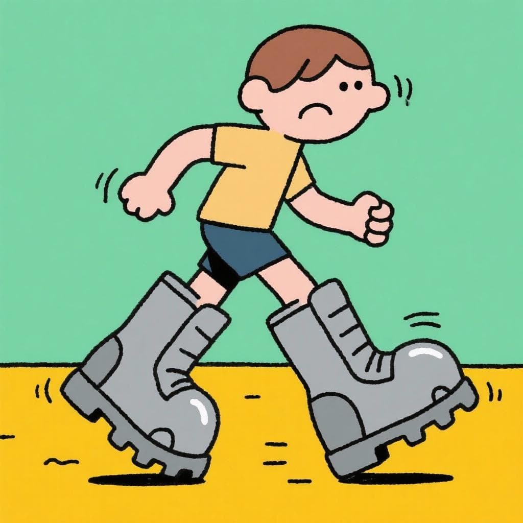 A literal, humorous depiction of 'andar con pies de plomo', showing a person struggling to walk with massive, heavy lead boots.