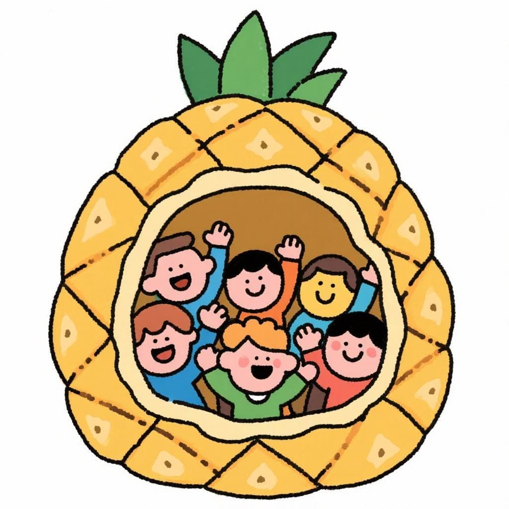 A literal and humorous depiction of 'como piña', showing tiny people packed inside a giant pineapple.
