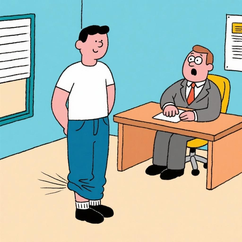 A literal depiction of 'bajarse los pantalones', showing a person comically lowering their pants in an everyday situation.