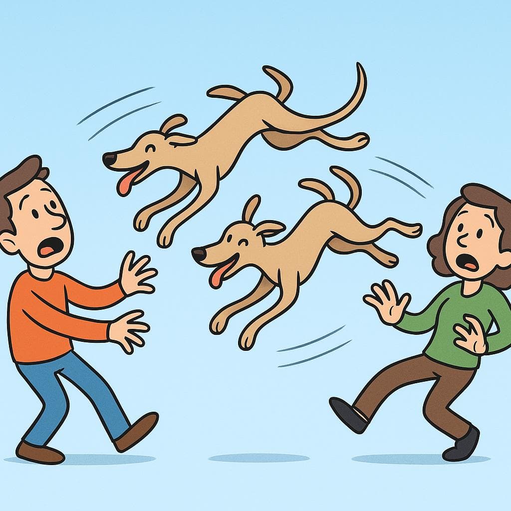 A literal depiction of 'le tiró los galgos', showing a person throwing two greyhound dogs at another person.