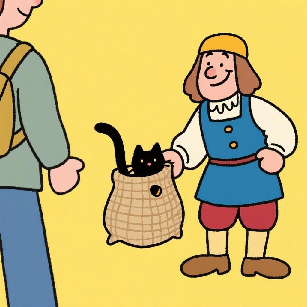 A humorous, literal depiction of 'dar gato por liebre', showing a medieval innkeeper handing a traveler a bag with a cat's tail sticking out instead of a hare.