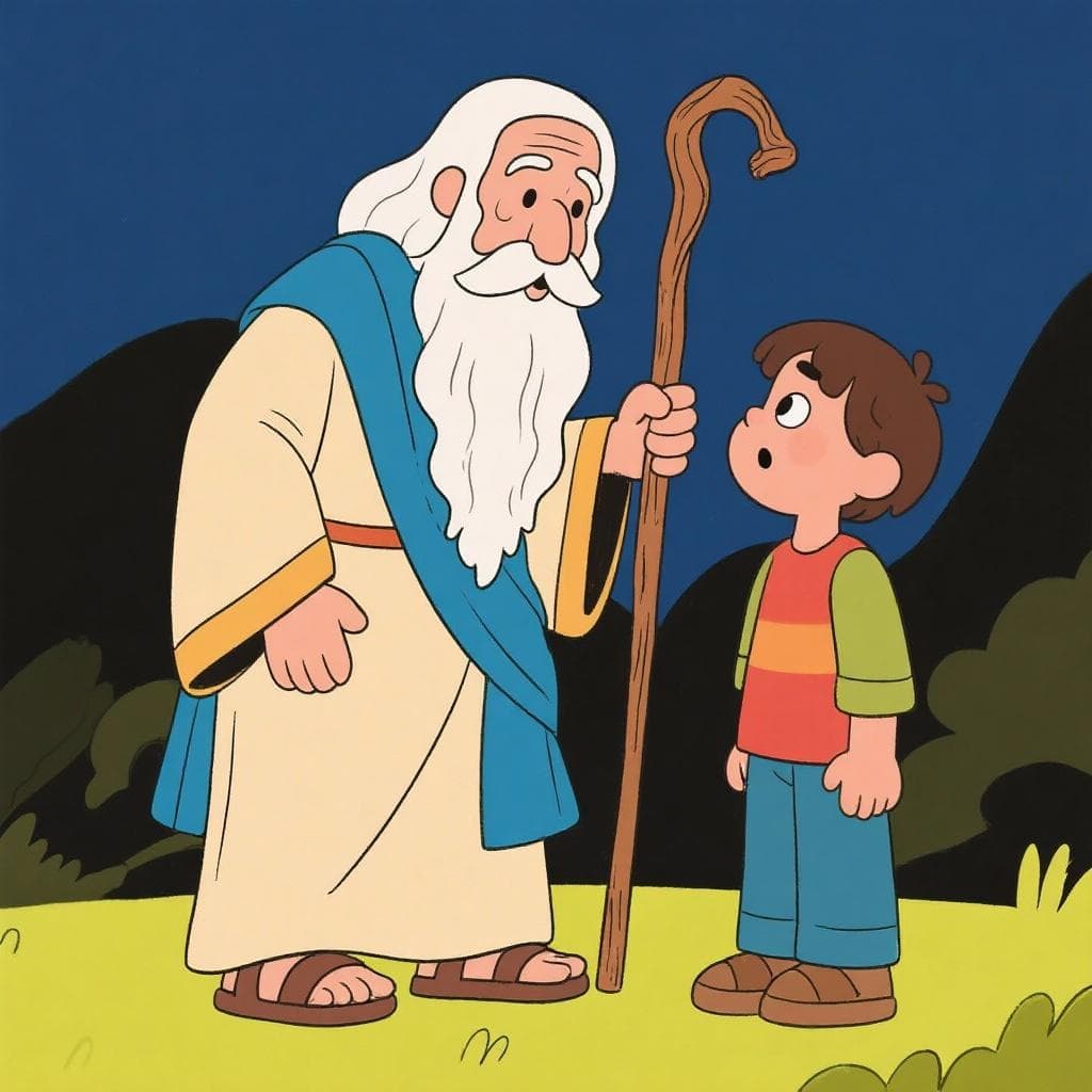 A literal depiction showing a modern person standing next to the biblical figure Methuselah, who looks ancient with a very long white beard.