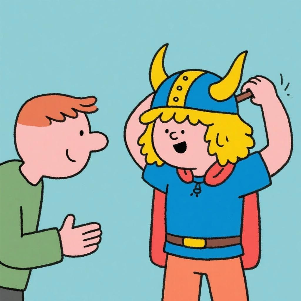 A literal, humorous depiction of 'hacerse el sueco', showing a person suddenly dressing up as a Swedish person to avoid a conversation.
