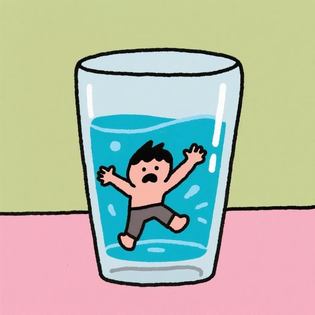 A literal, humorous depiction of a tiny person drowning inside a drinking glass.