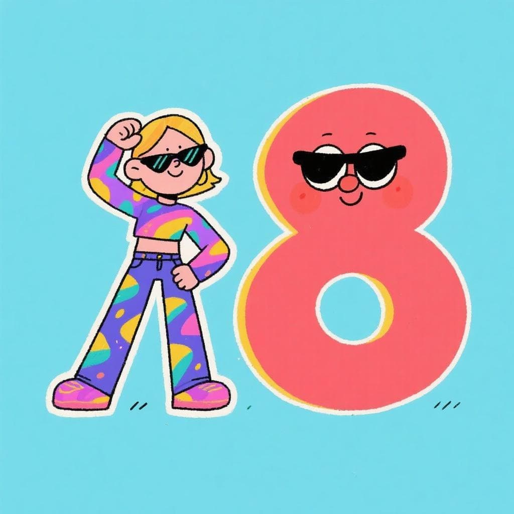 A literal, humorous depiction of 'ser más chulo que un ocho', showing a person looking very proud next to a giant, stylish number eight.