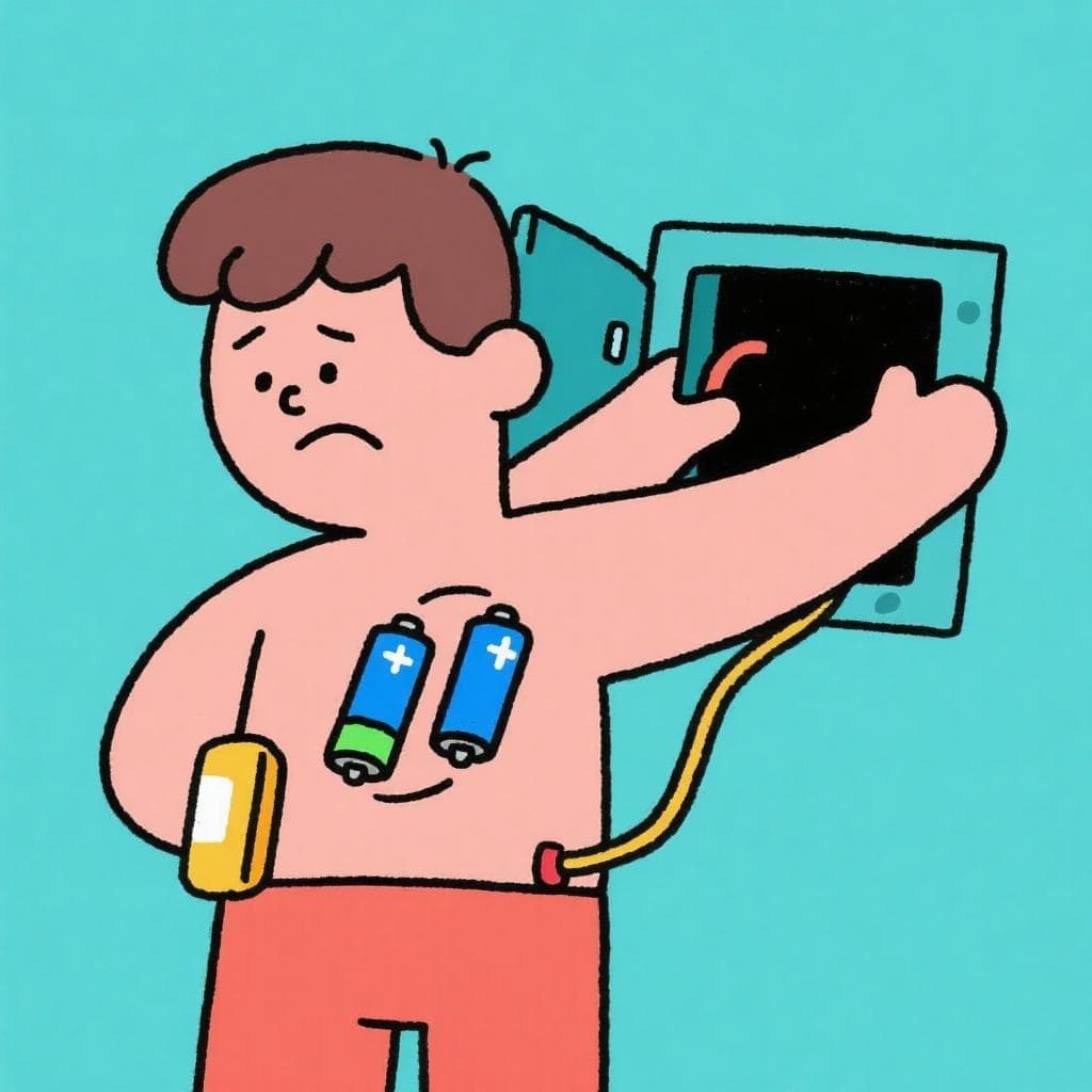 A literal depiction of 'ponerse las pilas', showing a person inserting large batteries into a slot on their own back.
