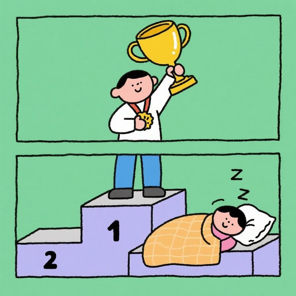 A literal depiction of 'cría fama y ponte a dormir', showing a person winning a trophy and then immediately taking a nap on the winner's podium.