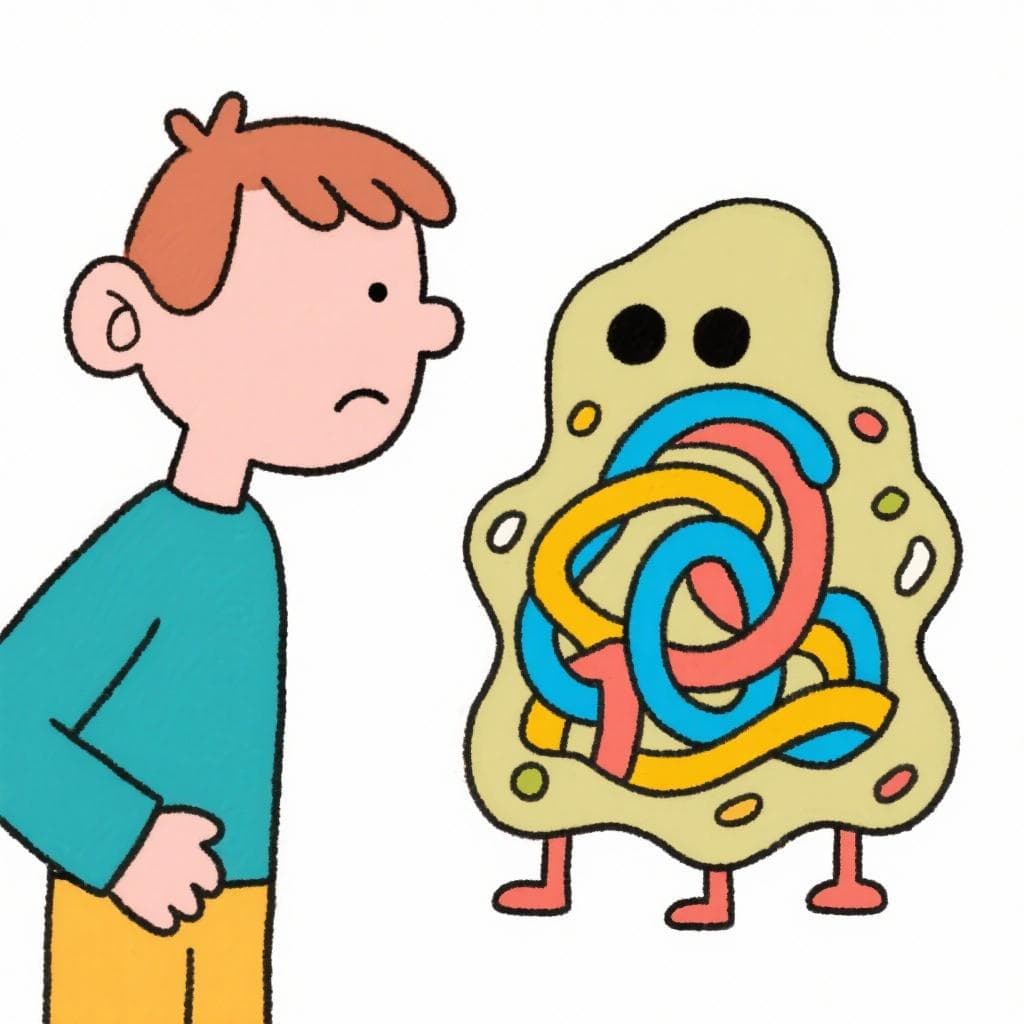 A literal, humorous depiction of 'no tener ni pies ni cabeza', showing a bizarre, shapeless blob that lacks a head or feet.