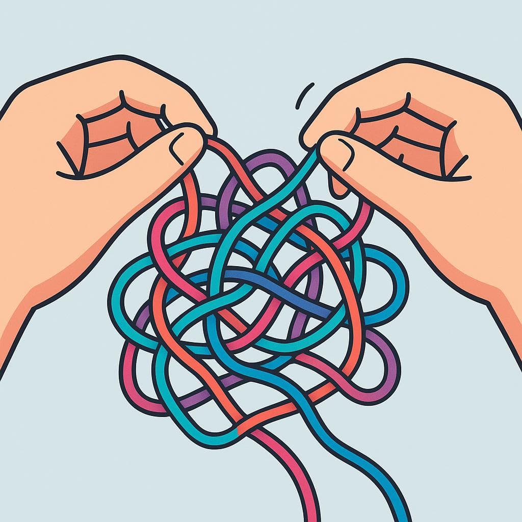 A literal depiction of 'mover los hilos', showing a pair of hands moving and untangling a set of threads.