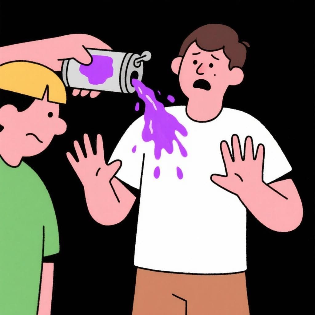 A literal, humorous depiction of 'no manches', showing someone telling another person not to spill paint on their shirt.