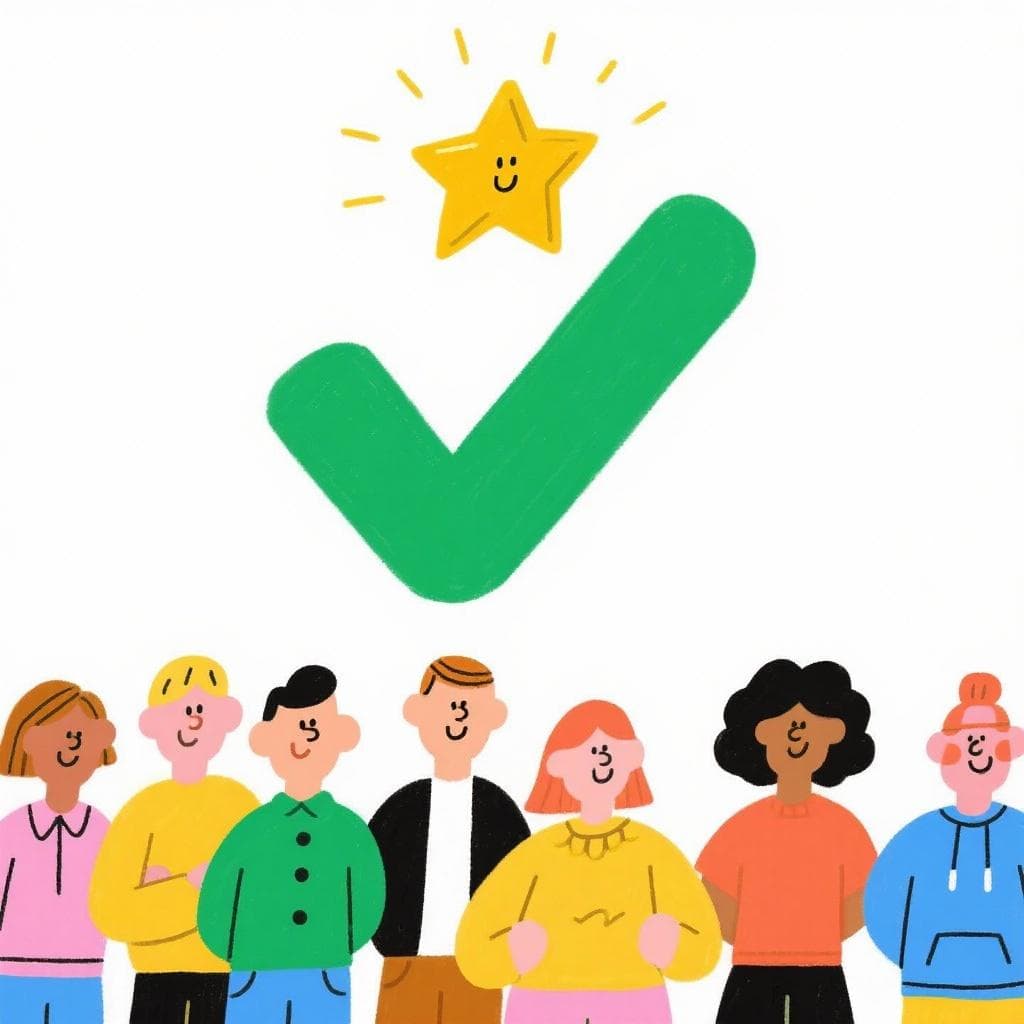 A literal depiction of 'ser buena gente', showing a group of people with green checkmarks over their heads.