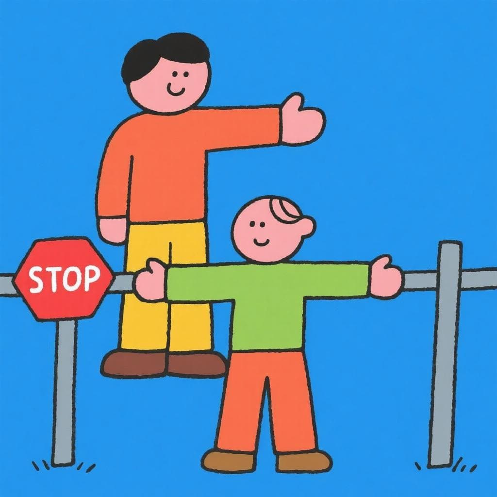 A literal, humorous depiction of 'hazme el paro', showing one person asking another to act like a physical stop or barrier.