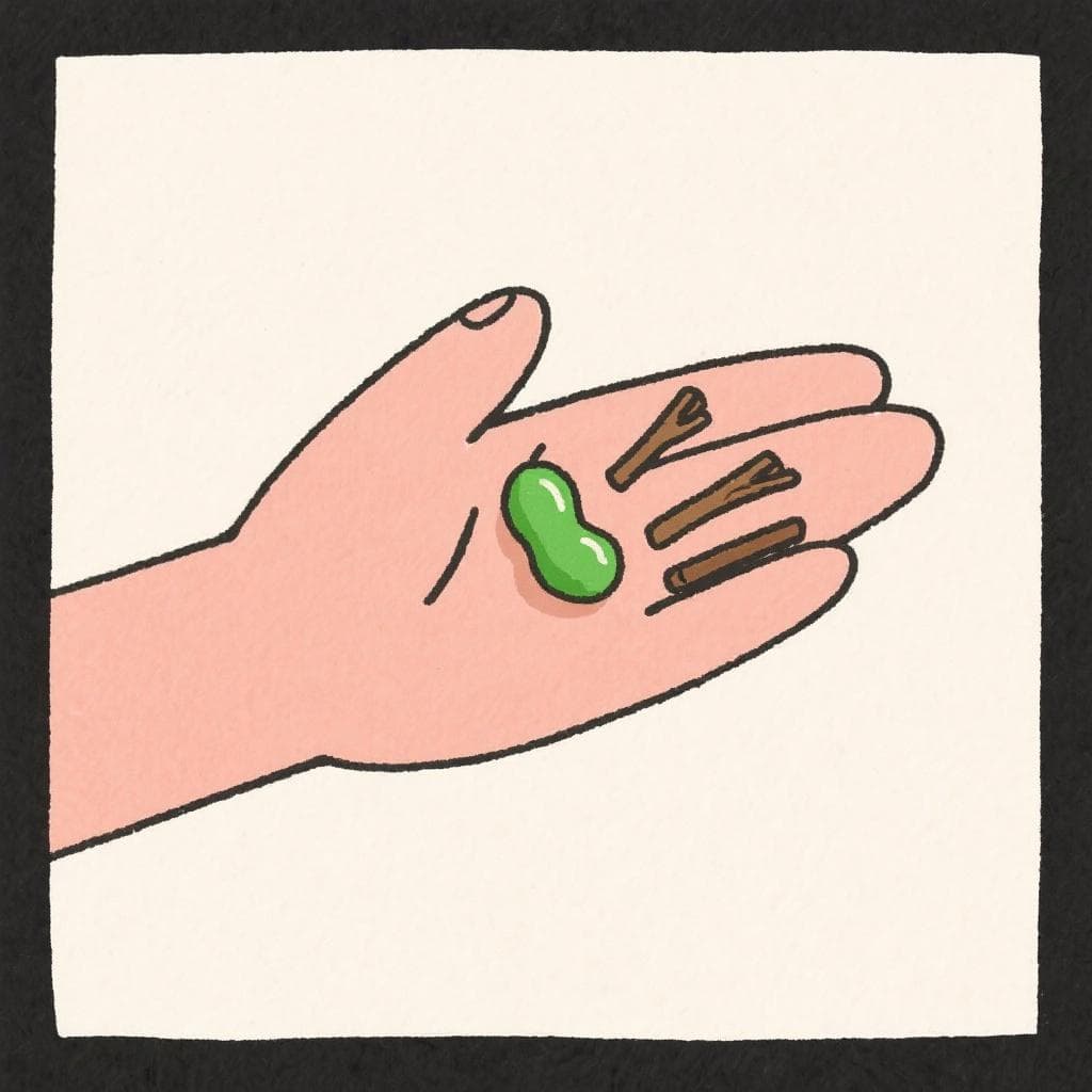 A literal depiction of 'chaucha y palitos', showing a hand holding a single green bean and a few small wooden sticks.