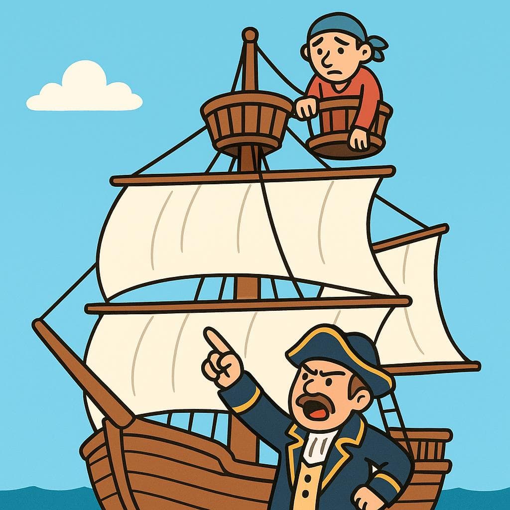 A literal depiction of 'mandar al carajo', showing a ship captain angrily pointing a sailor towards the crow's nest at the top of a mast.