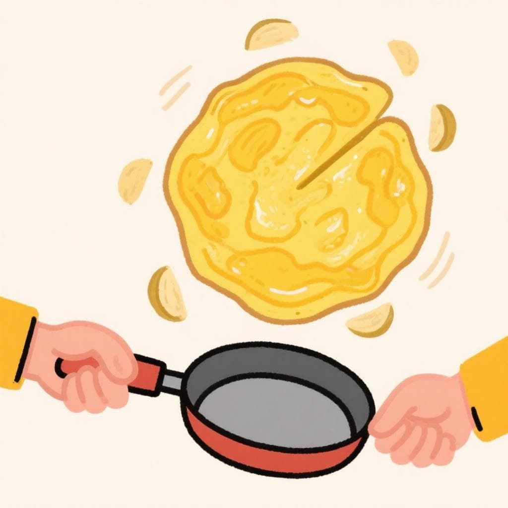 A literal depiction of 'dar la vuelta a la tortilla', showing hands skillfully flipping a Spanish omelet in a frying pan.
