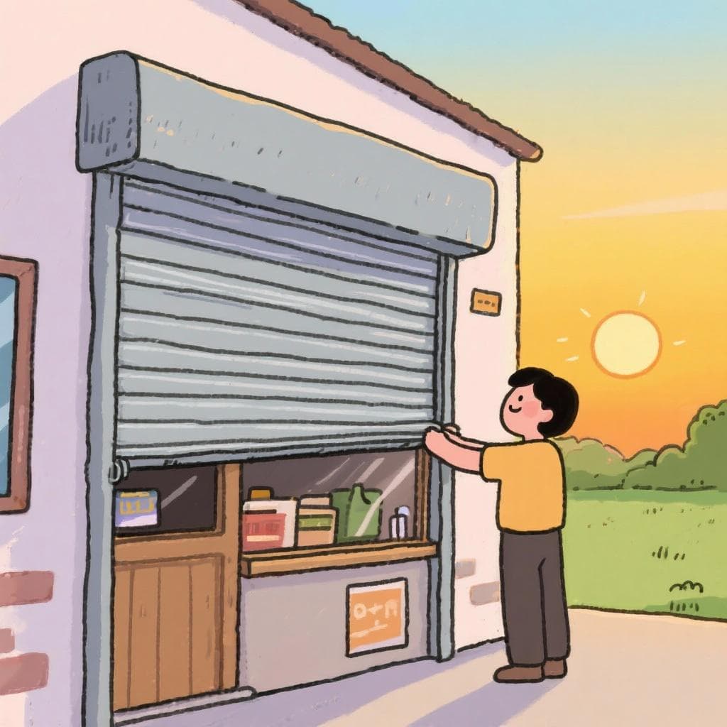 A literal depiction of 'bajar la persiana', showing a person physically pulling down a metal roll-up shutter on a storefront.