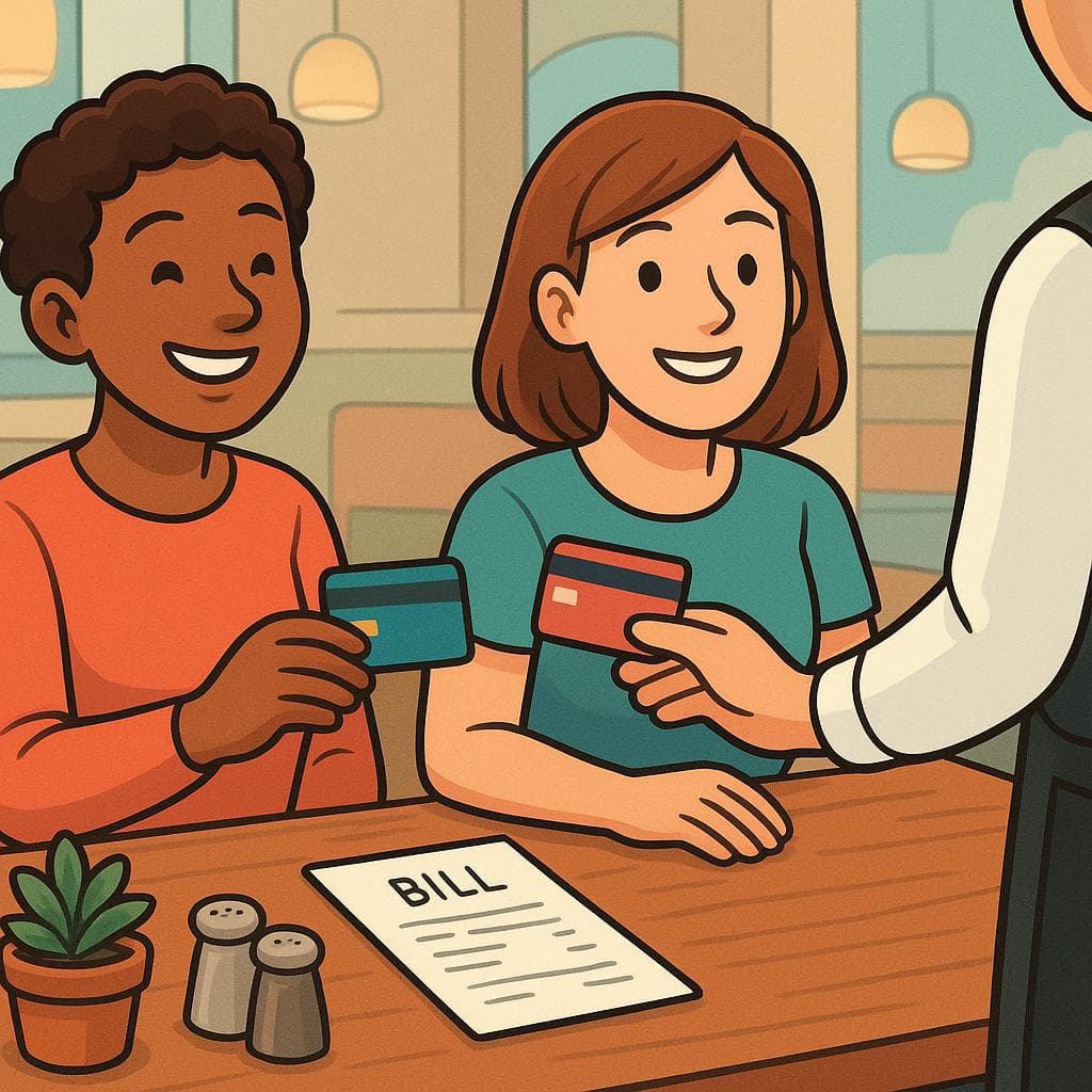 Two friends at a restaurant offering two credit cards to split the bill
