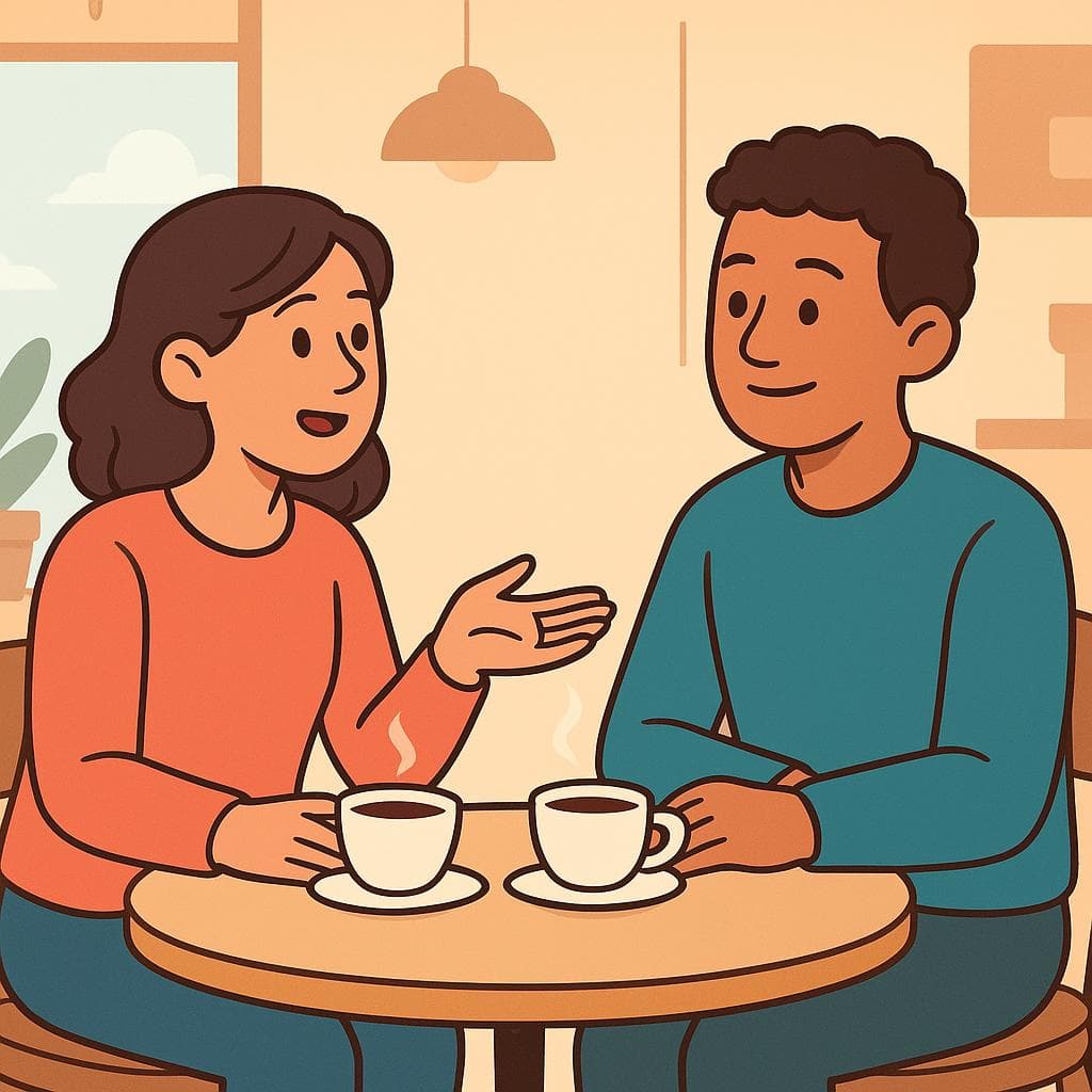A cartoon of two people chatting at a coffee shop, illustrating a common small talk scenario for asking about work.