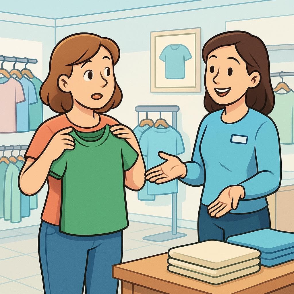 A shopper holding a shirt against their chest asking a salesperson a question in a clothing store