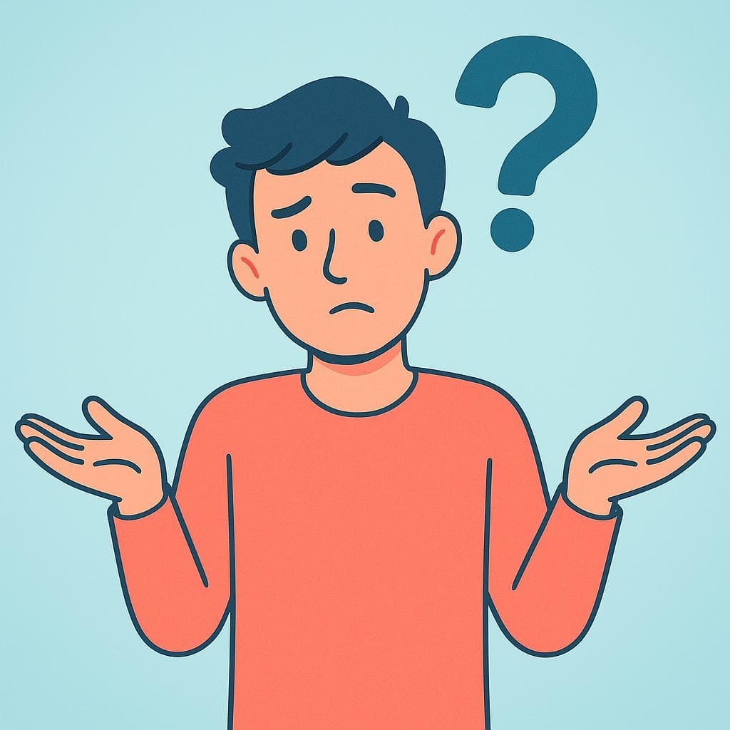 A cartoon person shrugging their shoulders with a question mark over their head, visually representing the concept of 'I don't know.'