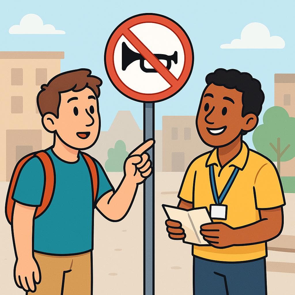 A cartoon of a person asking for the meaning of a symbol on a sign from another person.
