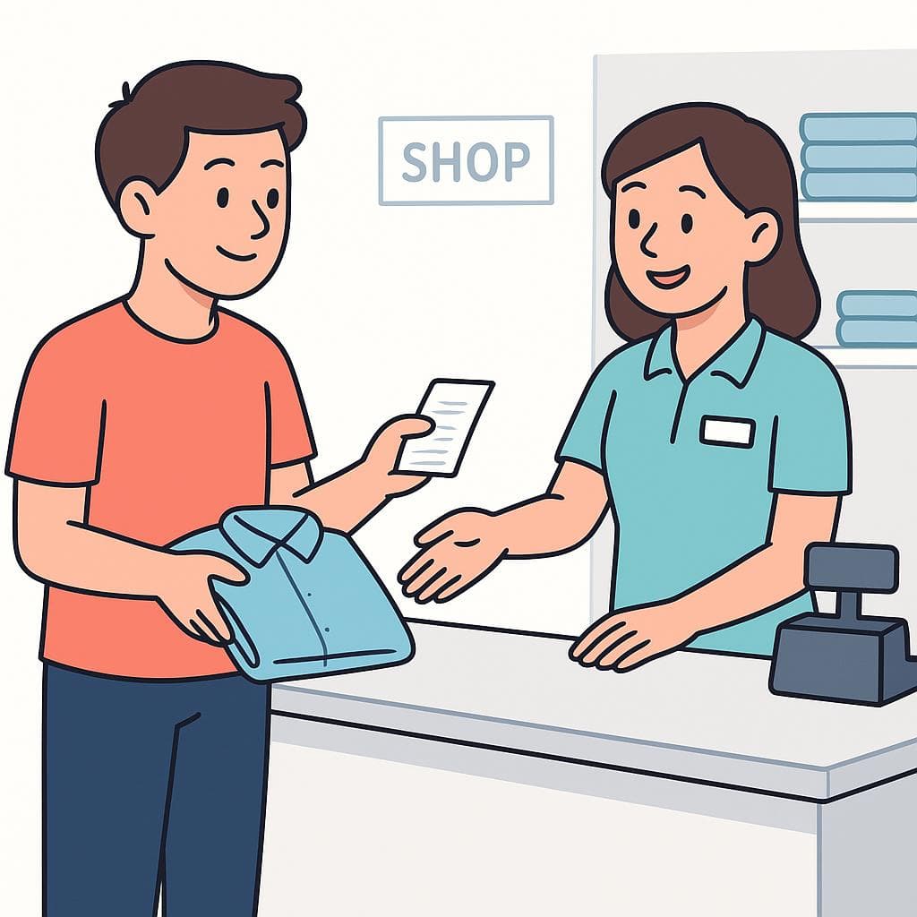 A customer handing a shirt and receipt to a shop assistant to make a return