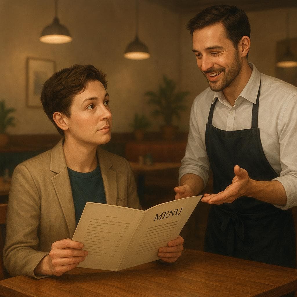 A customer asking a waiter for a recommendation in a restaurant