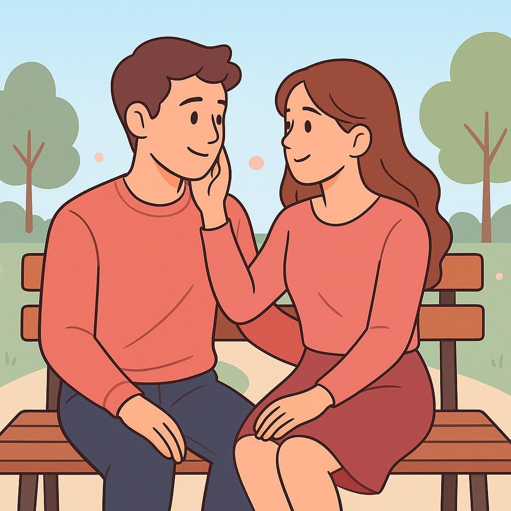 A cartoon couple sitting on a bench, showing affection for each other, representing the phrase 'my darling'.
