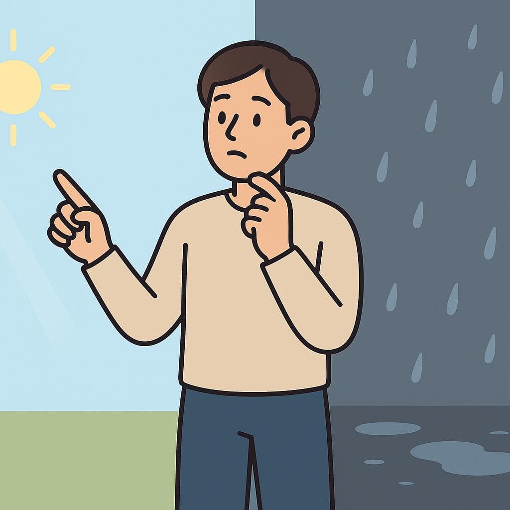 A person weighing two options, represented by a sunny day on one side and a rainy day on the other.