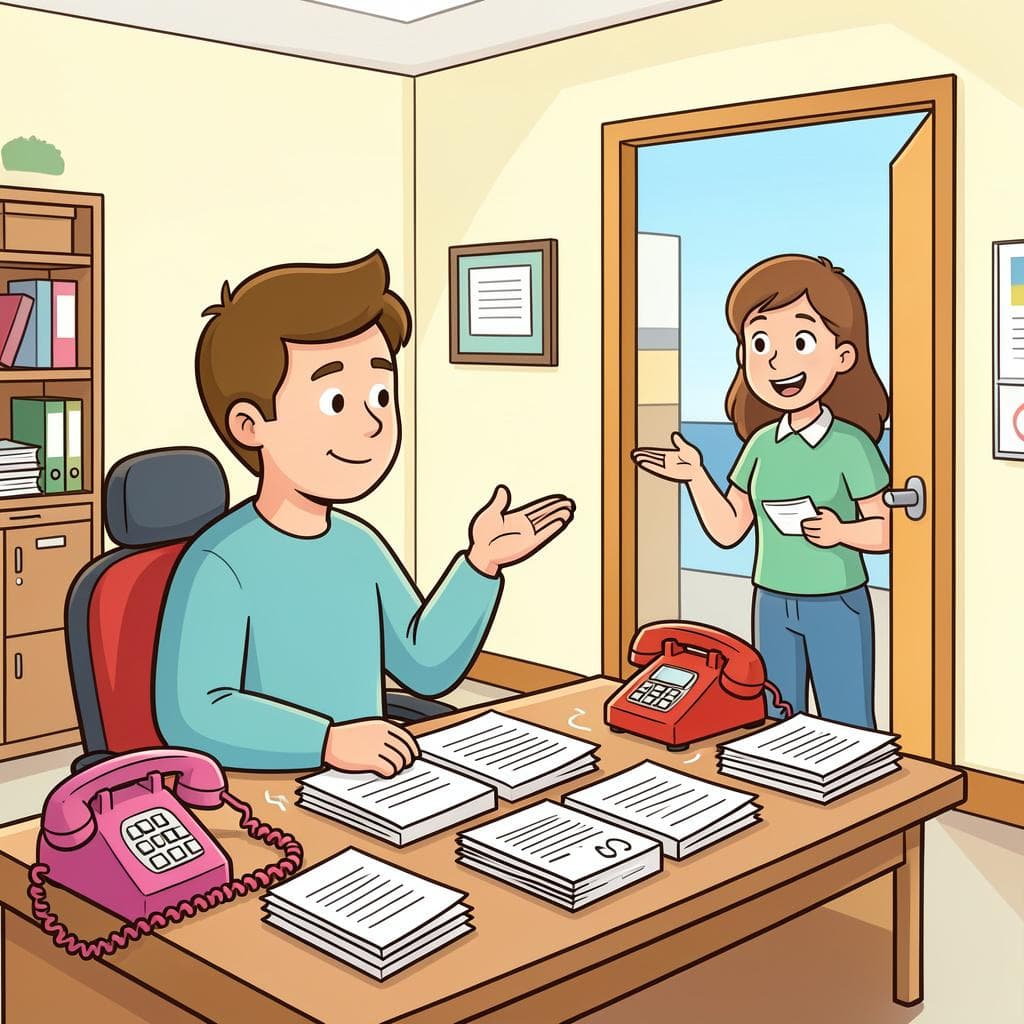 A busy person at a desk gesturing that they cannot talk right now to someone at the door.