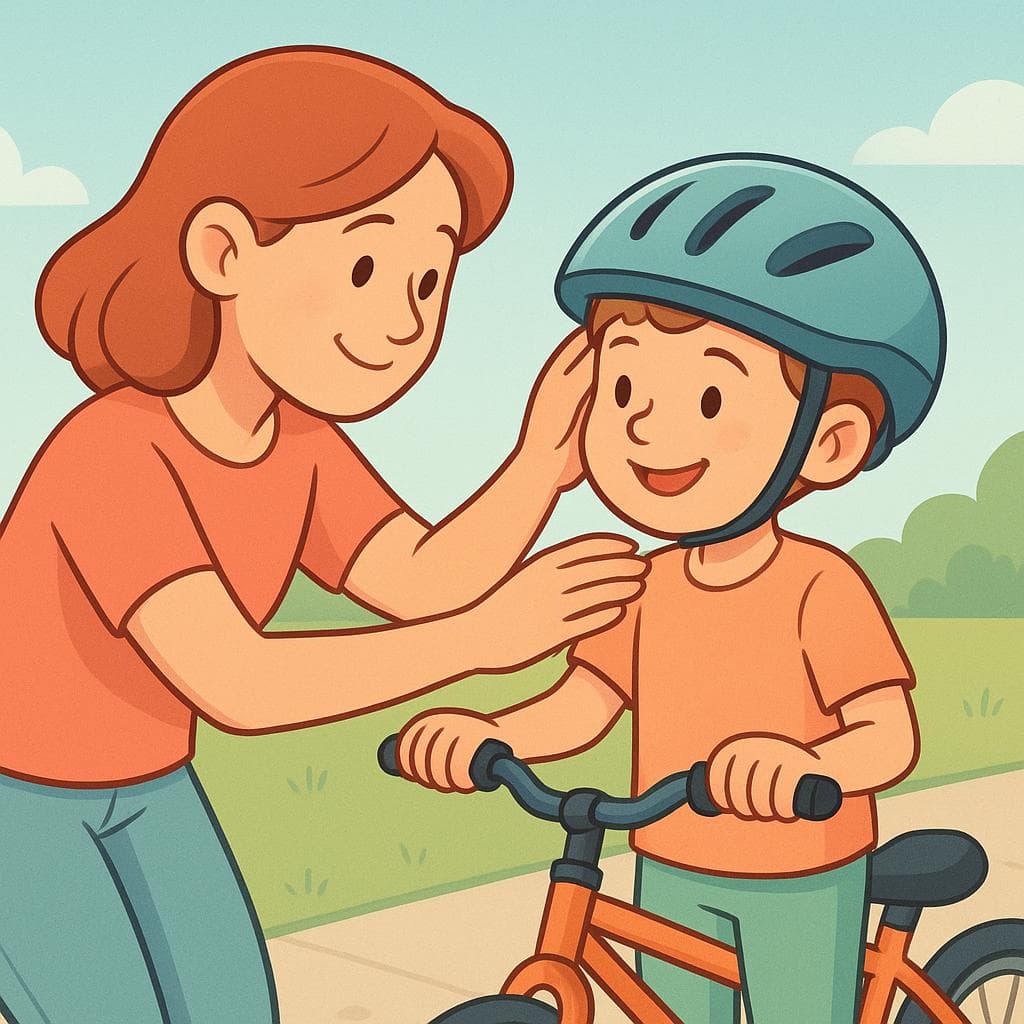 A cartoon mother helps her child with a bicycle helmet, illustrating the concept of 'be careful'.