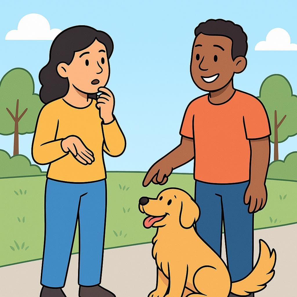 A cartoon of one person asking another if they have pets, while the second person happily shows off their dog.