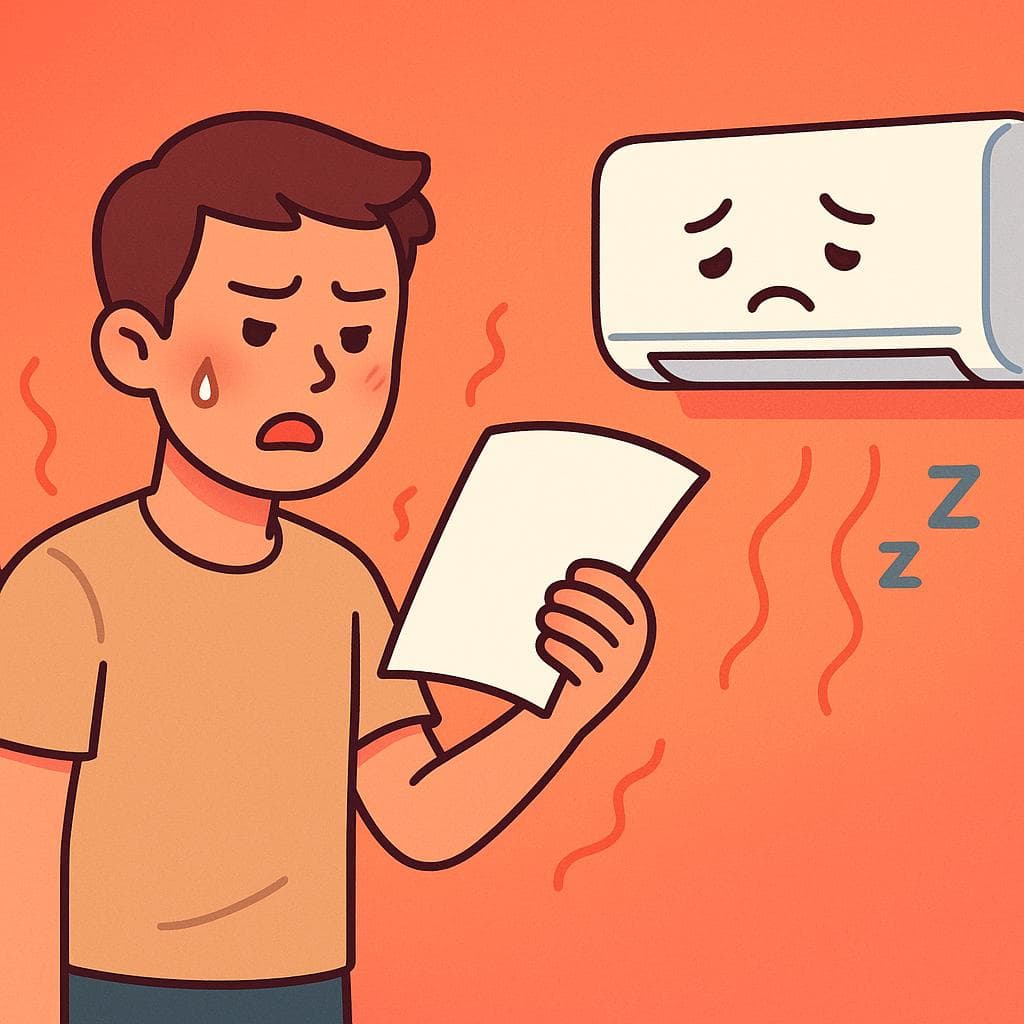 A cartoon person sweating and fanning themselves next to a broken air conditioning unit.