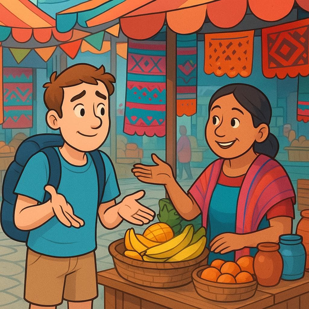 A tourist communicating with a local vendor, using a friendly, apologetic gesture to indicate they don't speak the language well.