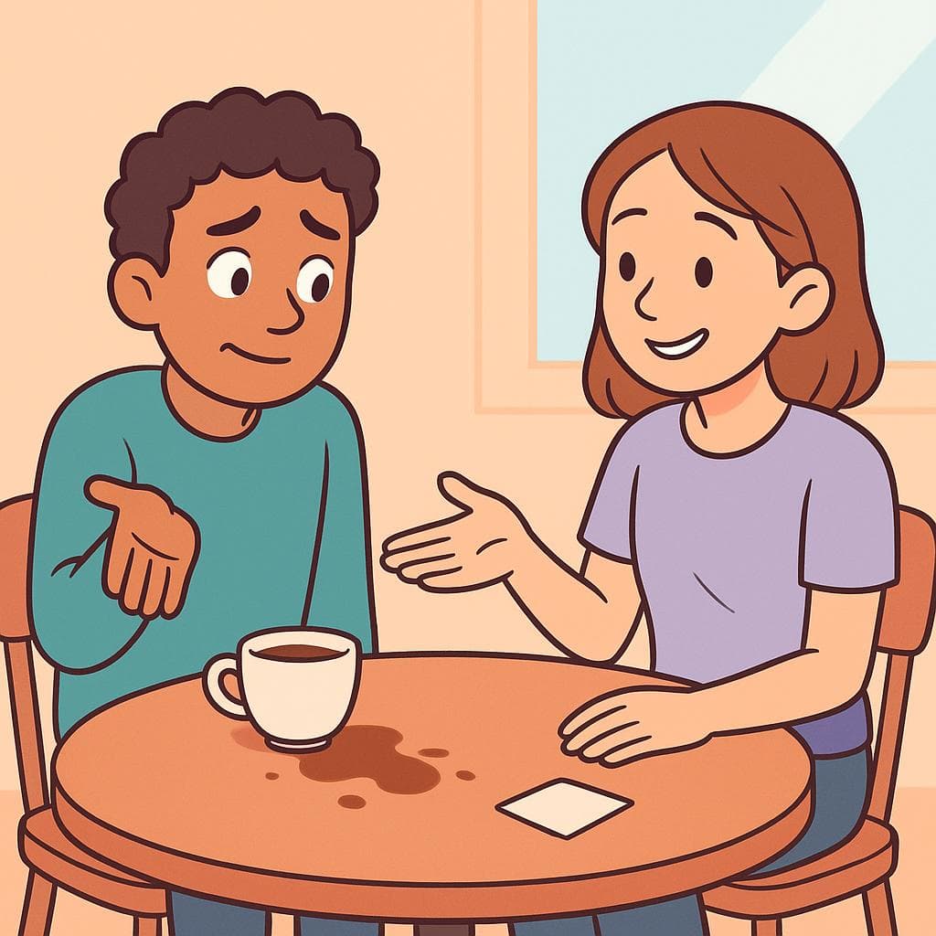 A cartoon of one person reassuring another who has spilled coffee, illustrating the concept of 'it doesn't matter'.
